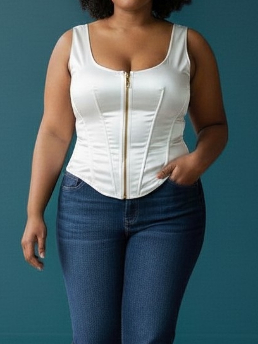 FUTURE COLLECTIVE Plus Size Cream Satin Zip-Up Corset Top